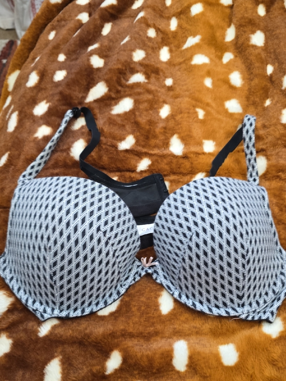 Cacique Black and White Lattice-Print Padded Bra 42b Plaid